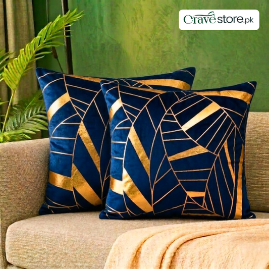 Art Deco Geometric Leaf Velvet Cushion Cover Navy Blue for Sofa and Home Décor