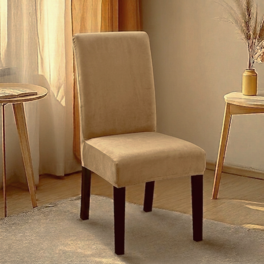 Skin fitted jersey chair cover with stretchable fabric and elastic edges for a snug fit on standard chairs