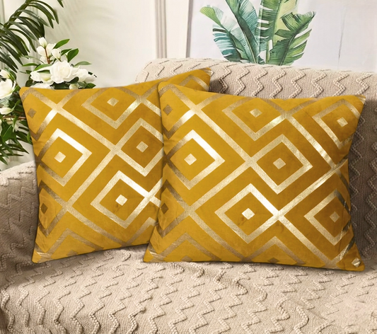 Geometric Diamond Foil Velvet Cushion Cover – Mustard
