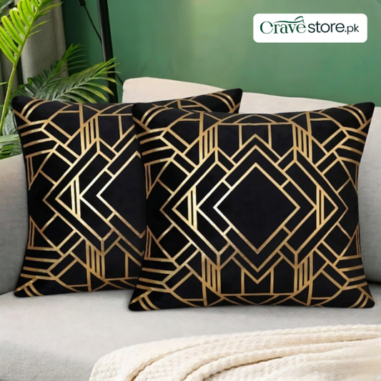 Geometric Foil Print Velvet Cushion Cover Black for Sofa and Home Décor