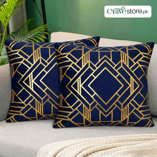 Geometric Foil Print Velvet Cushion Cover - Navy Blue