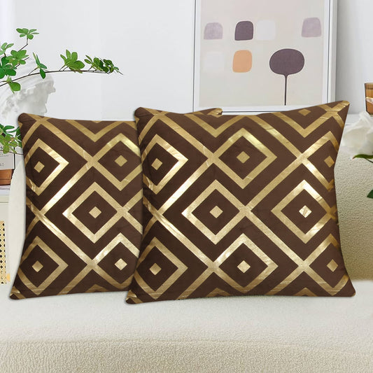 Geometric Diamond Foil Velvet Cushion Cover – Brown
