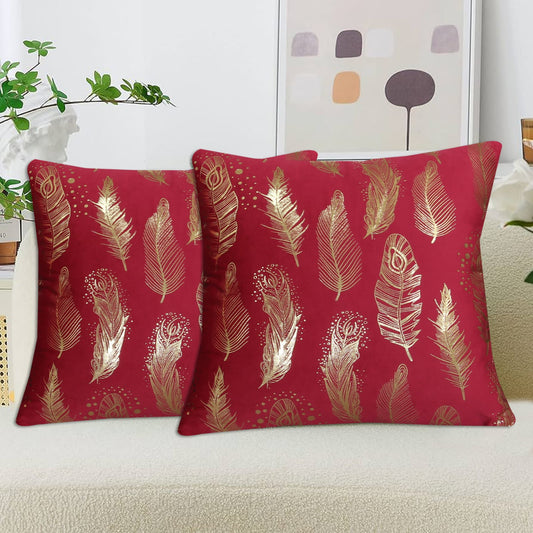 Gold Feather Printed Velvet Cushion Cover Maroon with gold feather design for sofa and home décor.
