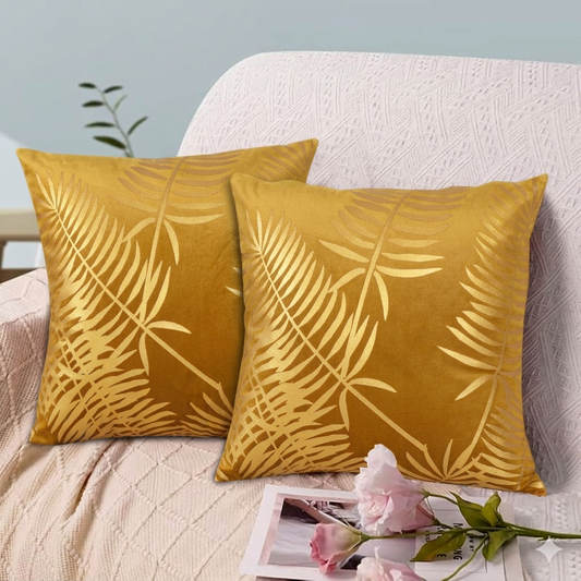 Gold Foil Palm Leaf Velvet Cushion Cover Mustard with gold foil palm leaf design for sofa and home décor.