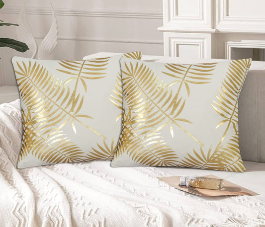 Gold Foil Palm Leaf Velvet Cushion Cover Off White with Gold Foil Palm Leaf Design for Sofa and Home Decor.