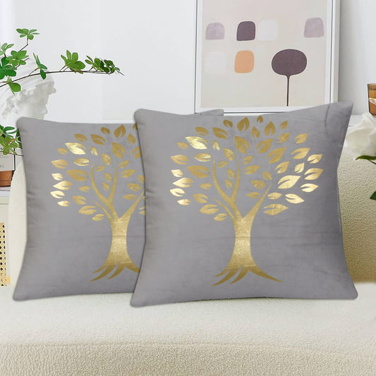 Golden Tree of Life Velvet Cushion Cover Grey with Golden Print for Sofa and Home Décor