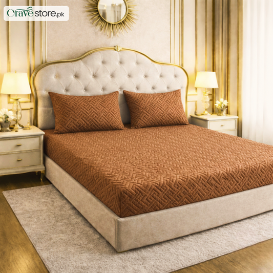 China Mazed rust imported fitted bedsheet set on king size bed