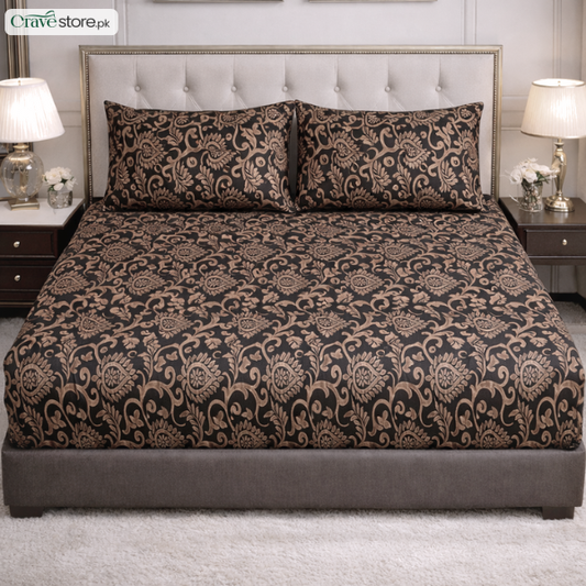 Luxury embossed jacquard fitted bedsheet brown king size with 2 pillow covers