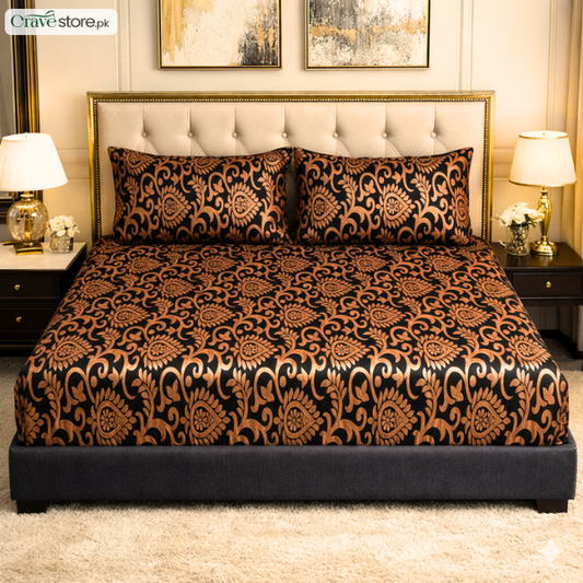 Luxury embossed jacquard fitted bedsheet copper king size with 2 pillow covers