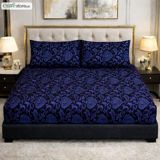 Luxury embossed jacquard fitted bedsheet navy blue king size with 2 pillow covers