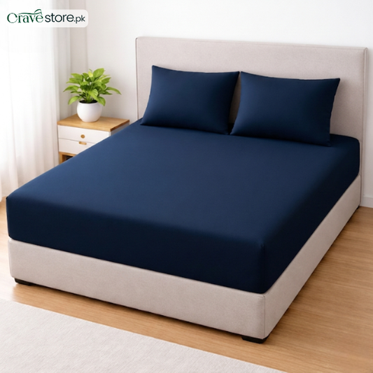Lycra Jersey Fitted Bedsheet Set Navy Blue - King Size