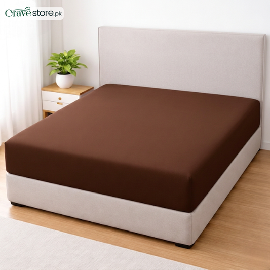 Brown lycra jersey fitted mattress cover with stretchable fabric and elastic edges for a snug wrinkle-free fit on mattress