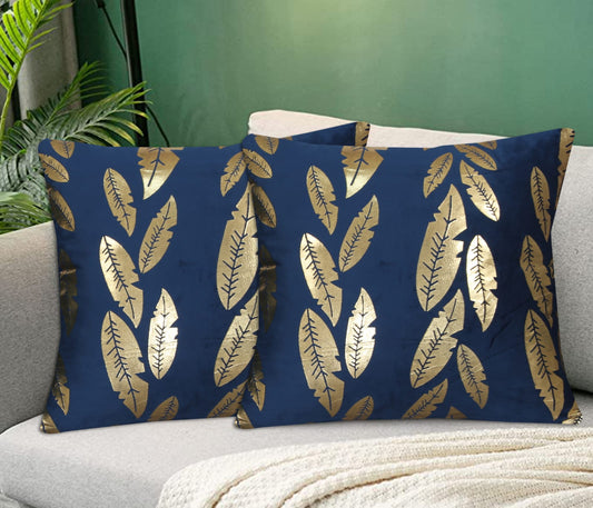 Metallic Feather Style Velvet Cushion Cover Navy Blue with Metallic Feather Print for Sofa and Home Décor