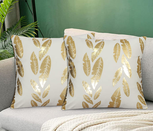 Metallic Feather Style Velvet Cushion Cover Off White with Metallic Feather Print for Sofa and Home Decor