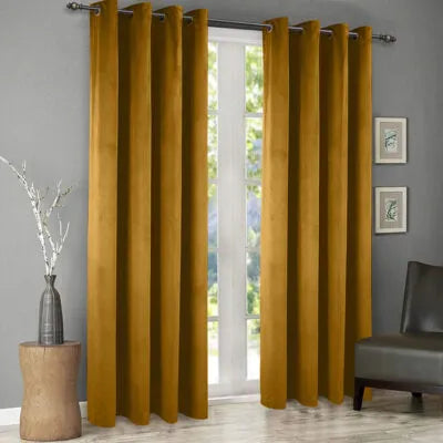 Imported Malai Velvet Blackout Curtains Golden ( 2 Curtain Set )