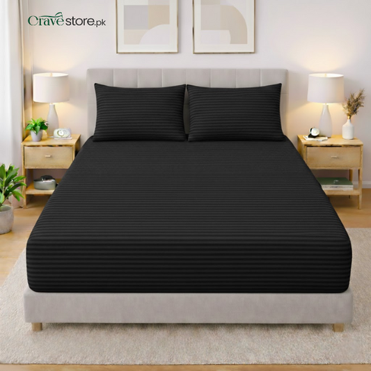 Premium Striped Fitted Black Bedsheet Set King Size with 2 Pillow Covers