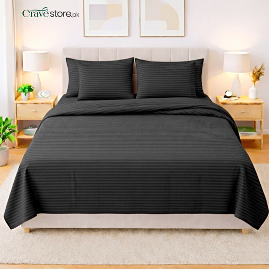 Premium striped flat 6-pcs duvet set black color king size