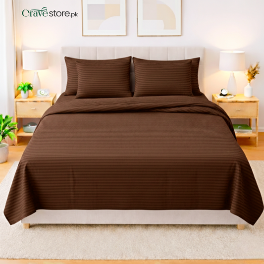 Premium Striped Flat 6-Pcs Duvet Set Chocolate Brown – King Size