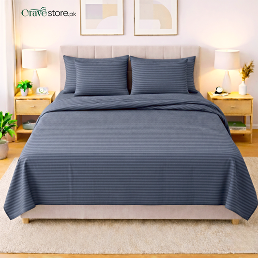 Premium Striped Flat 6-Pcs Duvet Set Grey King Size with 1 Bedsheet, 4 Pillow Covers & 1 Quilt Cover