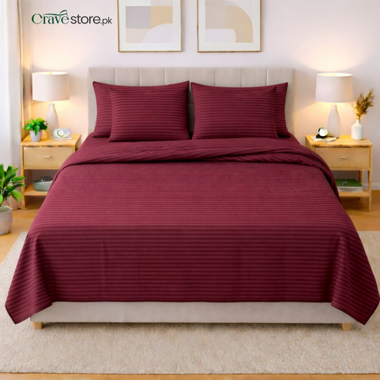 Premium Striped Flat 6-Pcs Duvet Set Maroon – King Size