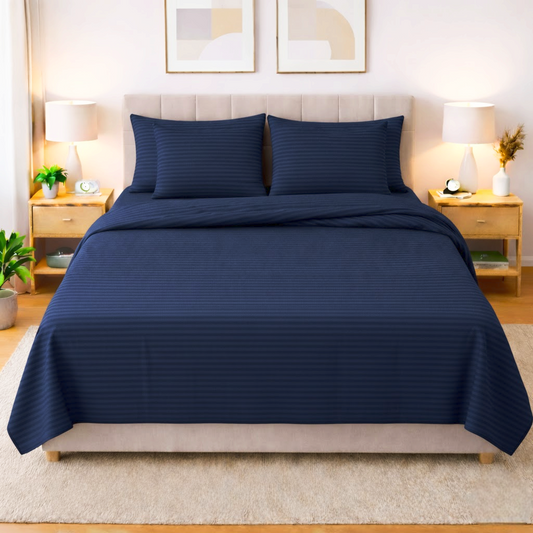 Premium striped flat 6-pcs duvet set navy blue color king size