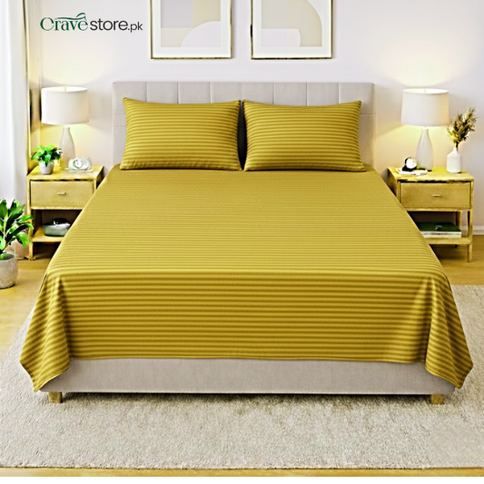 Premium Striped Flat Bedsheet Set Golden King Size with 2 Pillow Covers