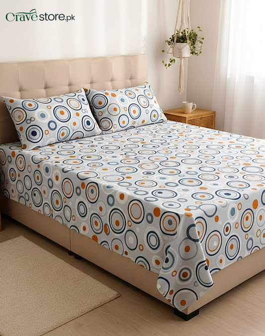 Printed Abstract Circles King Size Microfiber Flat Bedsheet Set with Pillow Covers