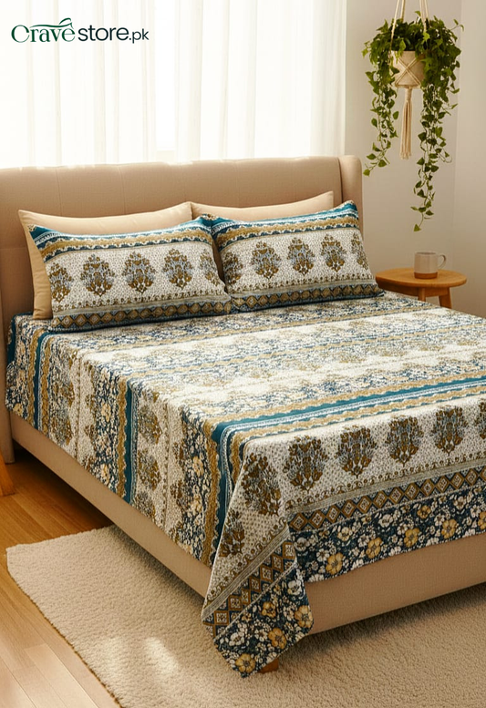 Printed Ethnic Floral King Size Microfiber Flat Bedsheet Set with Pillow Covers