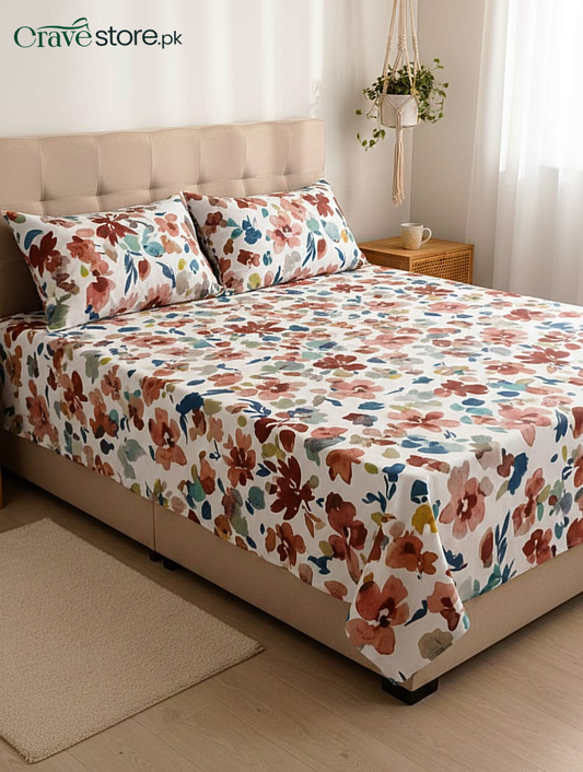 Printed Floral Glace King Size Microfiber Flat Bedsheet Set with Pillow Covers