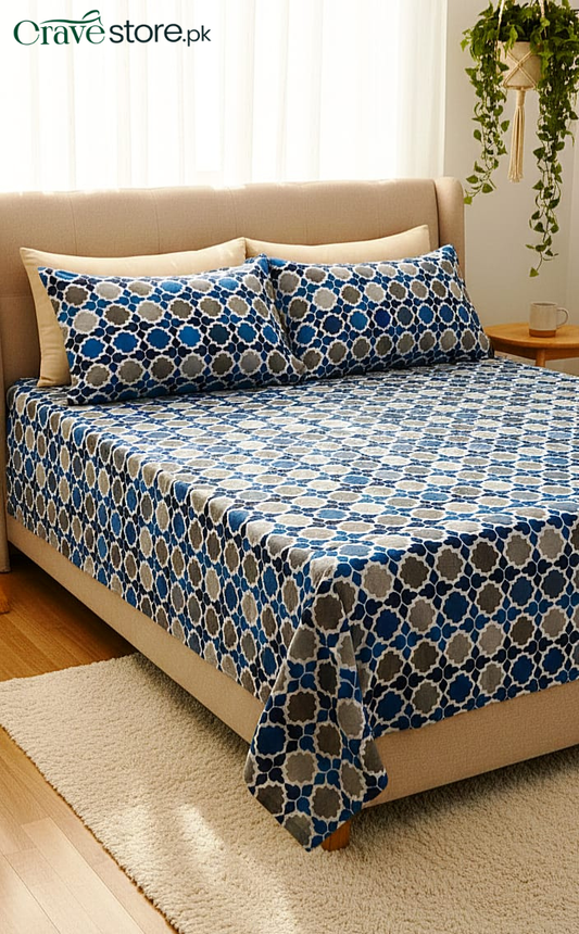 Printed Moroccan Lattice Pattern King Size Microfiber Flat Bedsheet Set with Pillow Covers