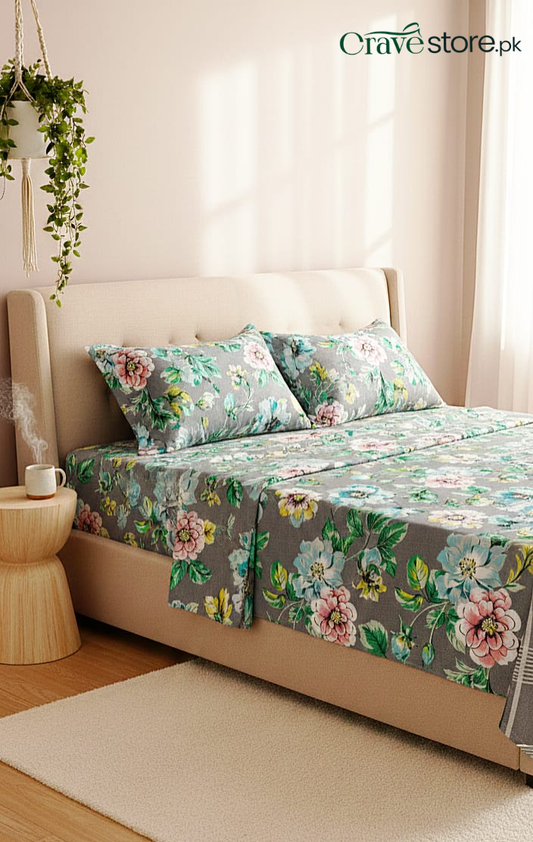 Printed Vintage Botanical Floral King Size Microfiber Flat Bedsheet Set with Pillow Covers