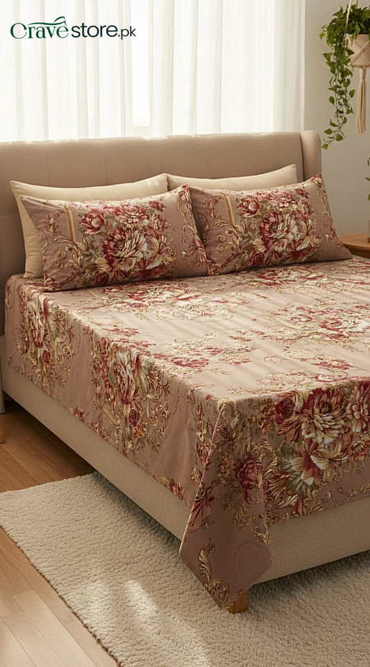 Printed Vintage Floral King Size Microfiber Flat Bedsheet Set with Pillow Covers
