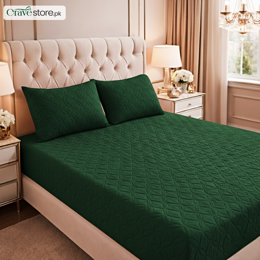 Ultrasonic quilted green fitted bedsheet set on king size bed
