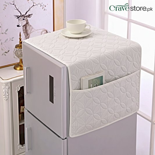Ultrasonic Quilted White Refrigerator Cover With Pockets