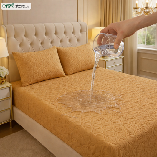 Waterproof ultrasonic quilted fitted bedsheet chikoo king size with 2 pillow covers