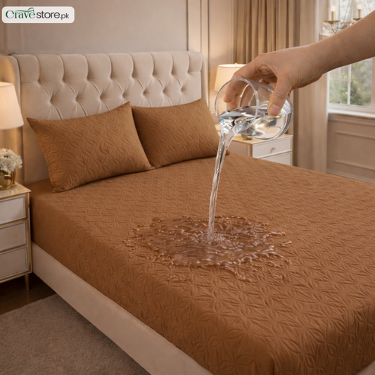 Waterproof ultrasonic quilted fitted bedsheet coffee king size with 2 pillow covers