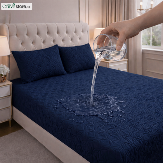Waterproof ultrasonic quilted fitted bedsheet navy blue king size with 2 pillow covers