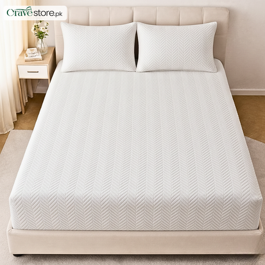 Zigzag ultrasonic quilted white fitted bedsheet set on king size bed