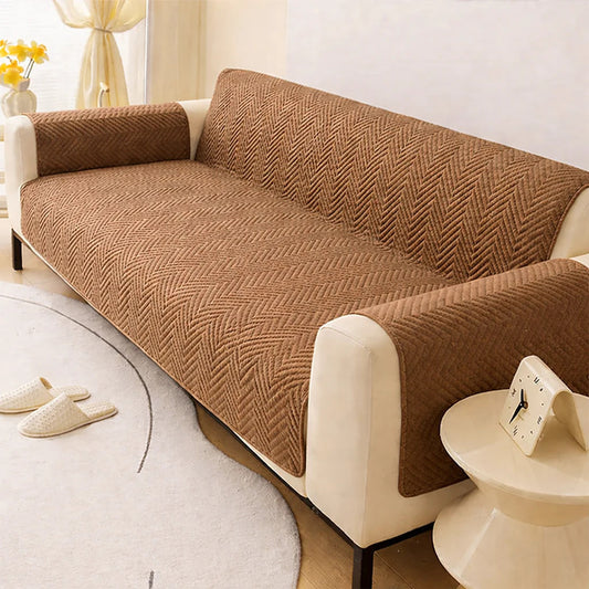 Coffee zigzag ultrasonic quilted sofa cover on living room sofa