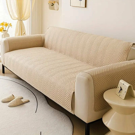 Skin color zigzag ultrasonic quilted sofa cover on living room sofa