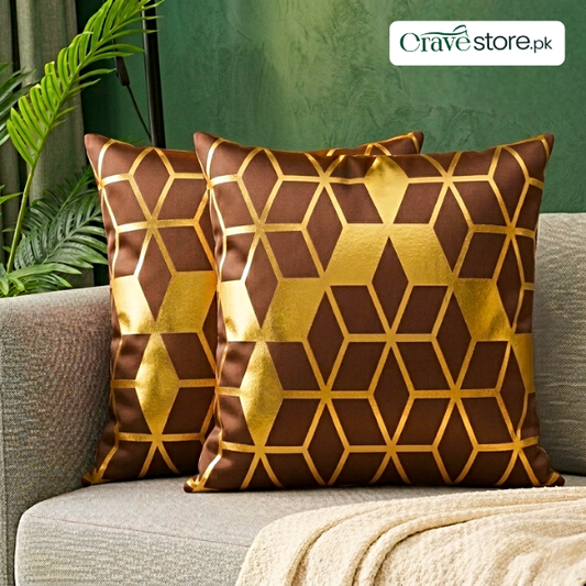 3D Isometric Foil Cube Printed Velvet Cushion Cover Brown for Sofa, Bed and Home Décor