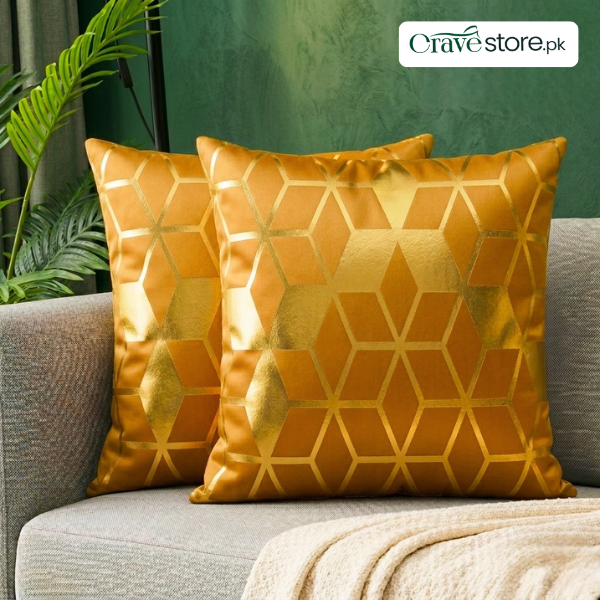 3D Isometric Foil Cube Printed Velvet Cushion Cover – Mustard