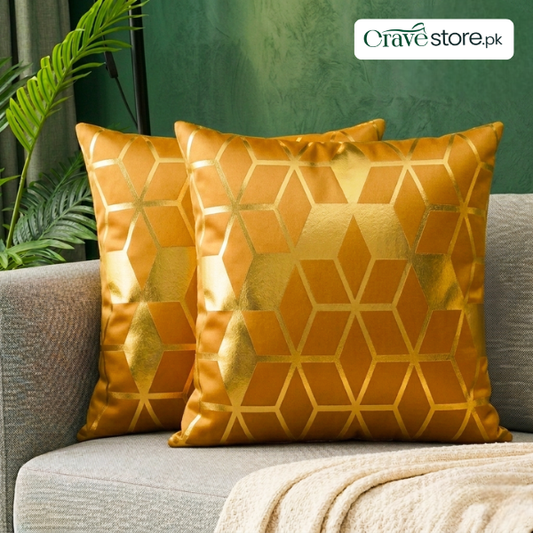 3D Isometric Foil Cube Printed Velvet Cushion Cover – Mustard