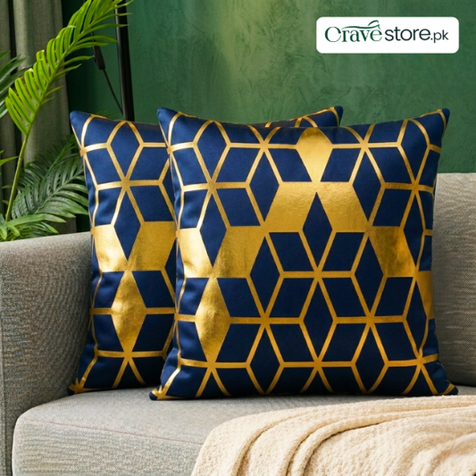 3D Isometric Foil Cube Printed Velvet Cushion Cover Navy Blue for Sofa, Bed and Home Décor