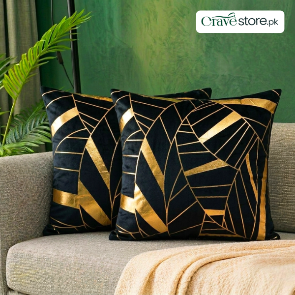 Art Deco Geomateric Leaf Velvet Cushion Cover – Black
