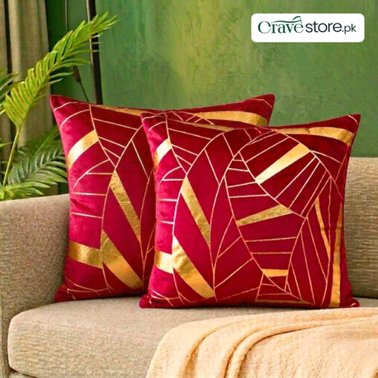 Art Deco Geomateric Leaf Velvet Cushion Cover – Maroon