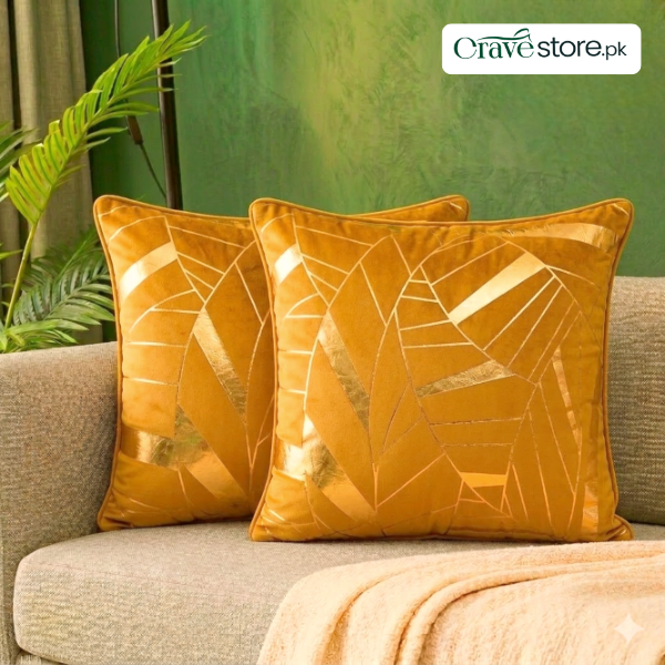 Art Deco Geomateric Leaf Velvet Cushion Cover – Mustard