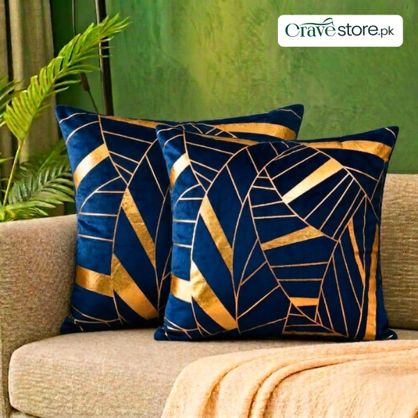 Art Deco Geometric Leaf Velvet Cushion Cover Navy Blue for Sofa and Home Décor