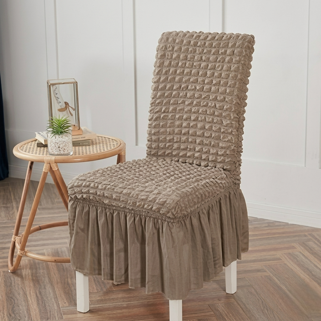 Chocolate mouse skin bubble chair cover with textured fabric and stretchable design for a snug fit on standard chairs