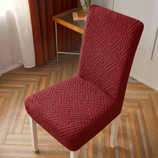 Maroon China Mazed chair cover with stretchable fabric for a snug fit on standard chairs, soft and durable material